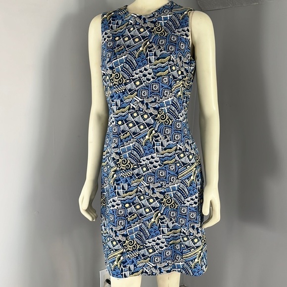 J. McLaughlin Women’s Shift Dress Devon Talavera Print Navy Blue /Yellow M - Picture 2 of 12